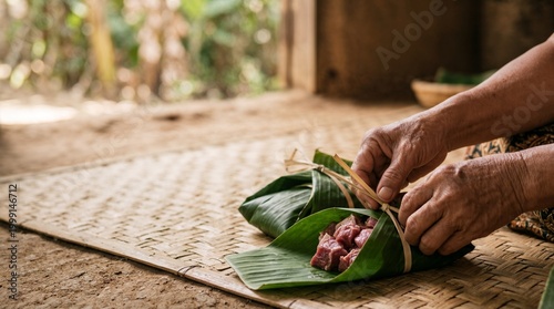 person wrapping food in a green leaf.