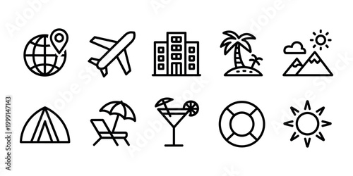 Collection of travel and vacation including globe airplane hotel palm tree mountains tent beach chair cocktail and sun