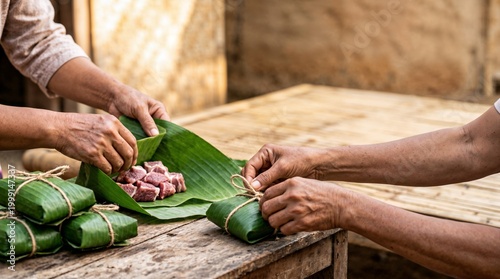 people preparing traditional food on wooden table.