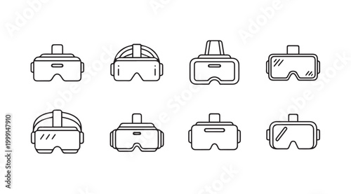 Collection of virtual reality headsets in a clean line art style on white background