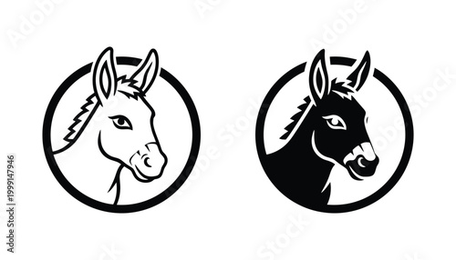 Donkey head emblem inside circle icon set in outline and solid black silhouettes for farm or agricultural business branding