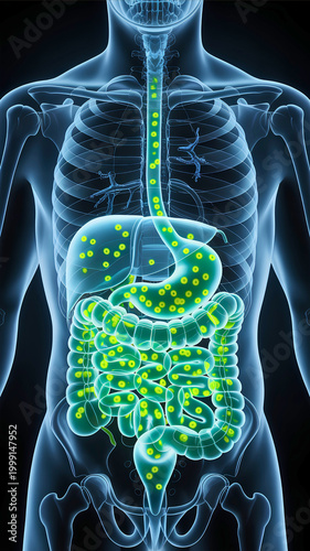 Digital xray visualization of human digestive system with gut microbiome activity for gastroenterology nutrition health and medical content