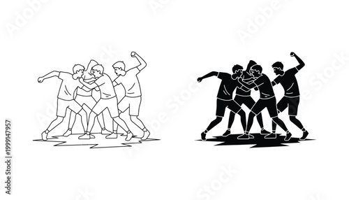 Group of young men in a street fight brawl scene showing aggressive physical conflict in vector line art and solid silhouette