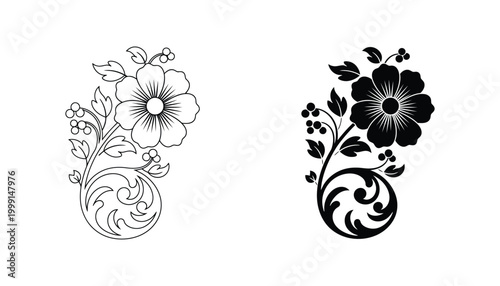 Elegant floral scroll ornament with blooming flower and berry details in outline and solid black silhouette vector set
