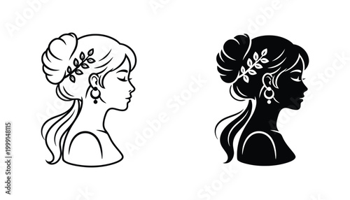 Elegant profile of a woman with elaborate hairstyle and floral adornment in line art and silhouette for beauty