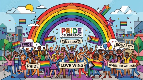 Diverse group celebrating Pride with rainbow flags.