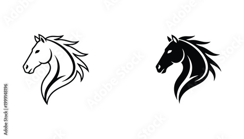 Stylized horse head with flowing mane in outline and solid black vector emblem isolated on white