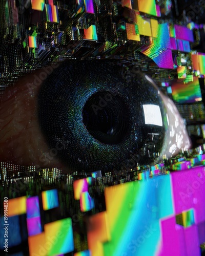 Digital Eye with Glitch Effect and Circuit Board Background