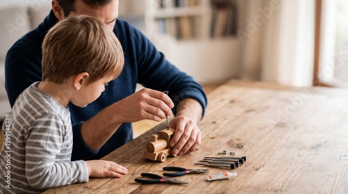 Father and son playing with wooden puzzle pieces on a table.