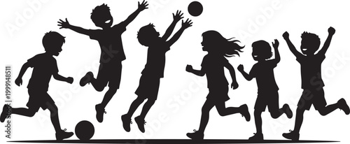 Active silhouettes of joyful children playing sports, running, jumping, and catching balls in a group outdoor activity, promoting healthy childhood lifestyle.