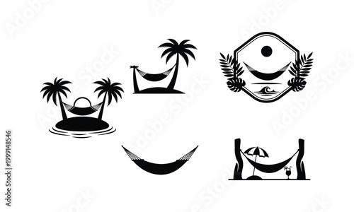 Set of vector silhouette illustration hammock icons, tropical island and summer vacation theme.