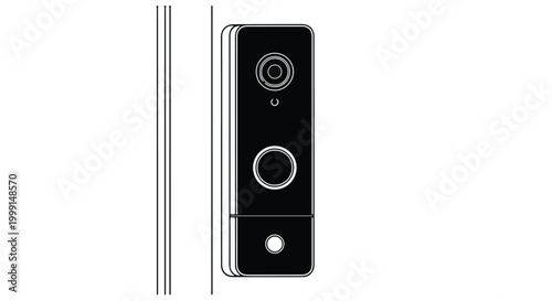 Smart doorbell with camera and motion sensor, modern home security device with night vision and wireless connectivity, sleek black design with silver accents on white background