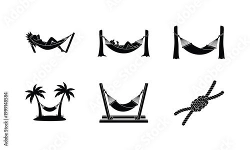 Set of vector silhouette illustration hammock icons, tropical paradise vacation and leisure time.