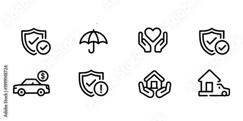 Set of eight black outline insurance on white background shield checkmark umbrella