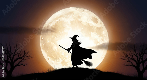 Bewitching silhouette of a sorceress on a broomstick, gracefully flying across a magnificent full moon, with gnarled trees creating a spooky and magical Halloween night scene