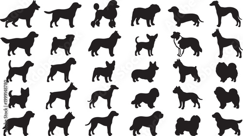 Large collection of various dog breed silhouettes including labrador, poodle, and german shepherd isolated on white background for pet industry design.