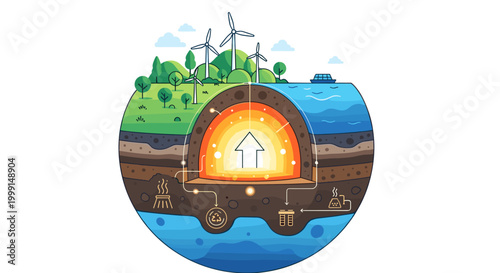 Cross-section of the Earth illustrating renewable energy sources like wind turbines and geothermal power generation.