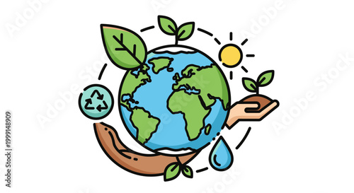 An illustration depicting global environmental protection, sustainability, and ecological balance with elements like plants, sun, water, and recycling symbol around a world globe.