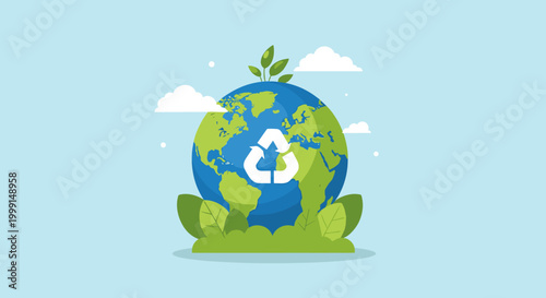 An illustration of planet Earth with a prominent white recycling symbol, surrounded by green leaves and small clouds, symbolizing global environmental protection and sustainability efforts.