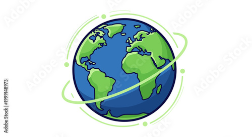 A stylized illustration of planet Earth with green orbital rings and dots, symbolizing global connection and environmental awareness.