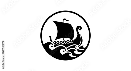 Viking Ship Sailing on Waves.