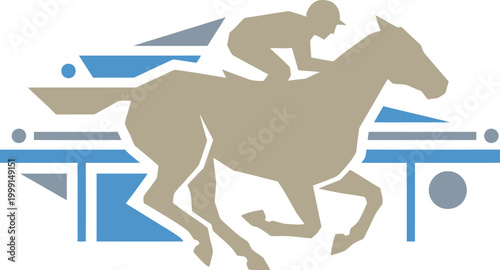 Racehorse with jockey moves across a geometric blue background with abstract shapes.