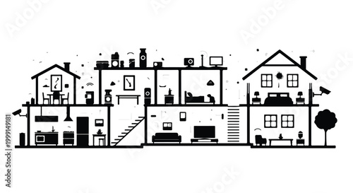 Modern house interior exterior cross-section illustration with furniture and rooms in black and white
