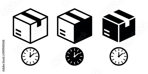 Three boxes with clock in black and white clocks packaging delivery in white background
