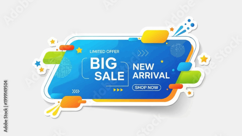 Vibrant Big Sale and New Arrival Promotional Banner Design for E-commerce Marketing, Featuring Limited Offers and Dynamic Graphic Elements