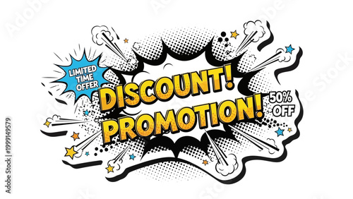 Dynamic comic book style graphic banner announcing a spectacular promotion and discount, perfect for captivating marketing campaigns and special offers