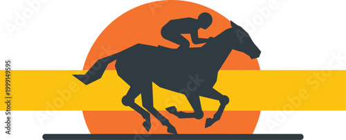 Racehorse with jockey runs in front of a large orange sun graphic on a flat background.