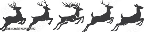 Black jumping deer silhouette set, elegant leaping reindeer collection, perfect for Christmas, wildlife, hunting, winter holiday, and nature logo design.
