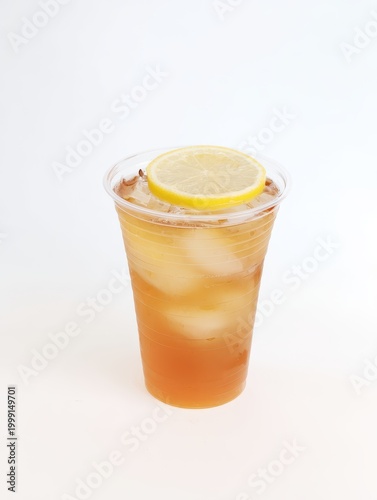 Iced Tea with Lemon Slice in Plastic Cup