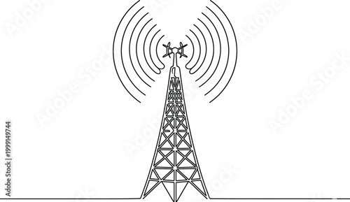 Wireless Communication Tower Line Art Illustration with Signal Waves Broadcasting