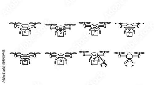 Delivery drones with packages in a clean line art style on white background