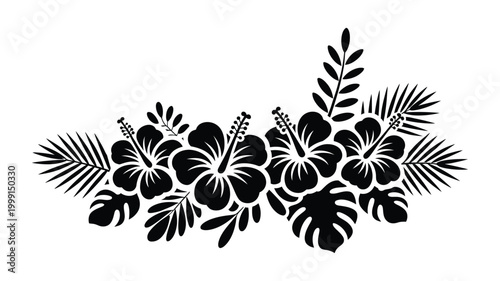 Black and white hibiscus flowers and palm leaves vector illustration, tropical botanical arrangement in monochrome style for summer design, wedding decor, branding, and exotic floral graphics
