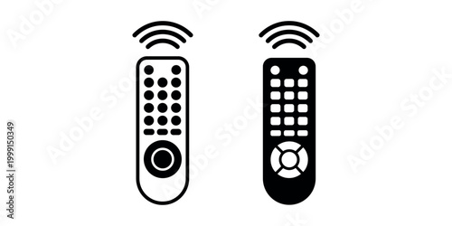 Two black and white remote controls with signal waves television technology