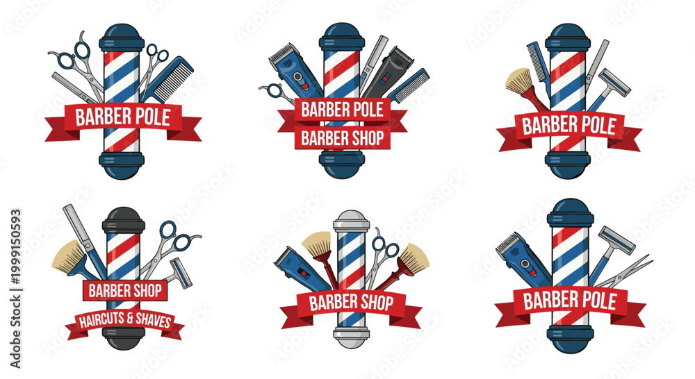 Fototapeta premium Vintage style barber shop logos and emblems collection features barber poles scissors razors and combs in various designs.