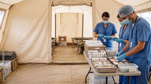 Medical professionals preparing for surgery in a field hospital tent.