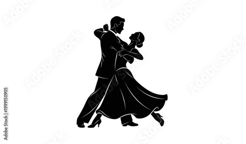 Elegant couple dancing silhouette in ballroom style with flowing dress romantic pose isolated on white background