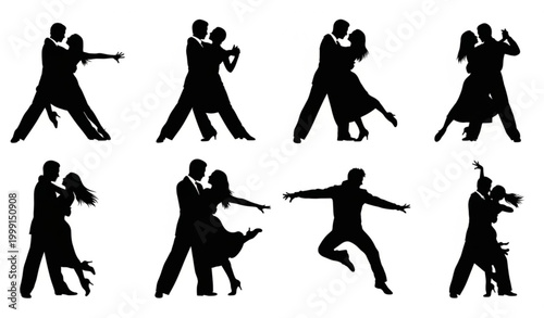 Dancing couple silhouette set with tango salsa and freestyle poses dynamic partner dance collection isolated on white