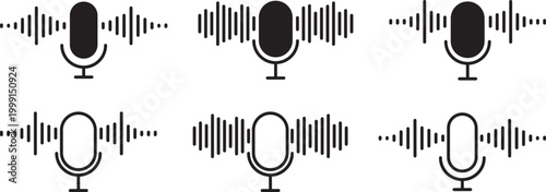 Microphone with sound wave icon. microphone icon with sound waves digital audio recording device.  Podcast and recording symbol in black circle. A black microphone icon with curved sound waves on whit