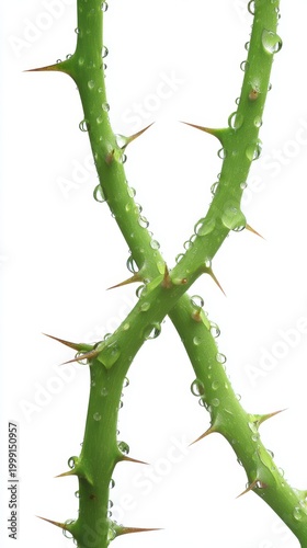 Green rose stem with sharp thorns and water drops