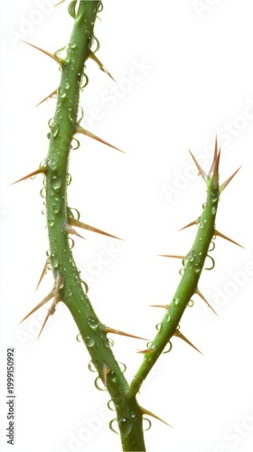 Green thorny stem with water droplets