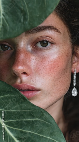 Woman's Face Peeking Through Green Leaf