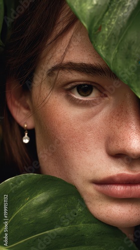 Close up of a young woman's face partially hidden by green leaves