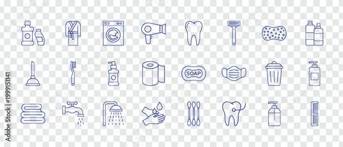 Essential Bathroom and Hygiene Line Icons Set. Personal Care, Laundry, Cleaning, Dental Health Outline Vectors.