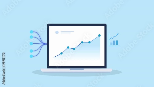 Minimal flat animation of a laptop displaying a rising data chart with incoming data lines and a statistics icon, representing analytics, data analysis, and business performance insights.