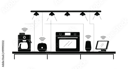 Smart home kitchen appliances with wireless connectivity and voice control technology, modern sleek devices on countertop, IoT enabled, futuristic concept