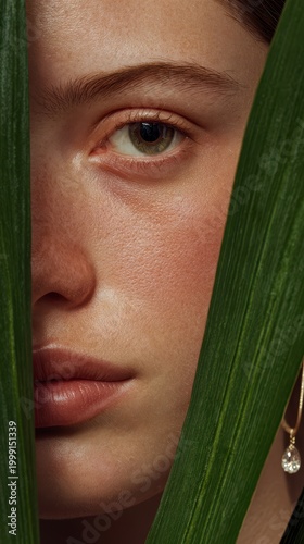 Woman's face partially hidden by green leaf, natural beauty